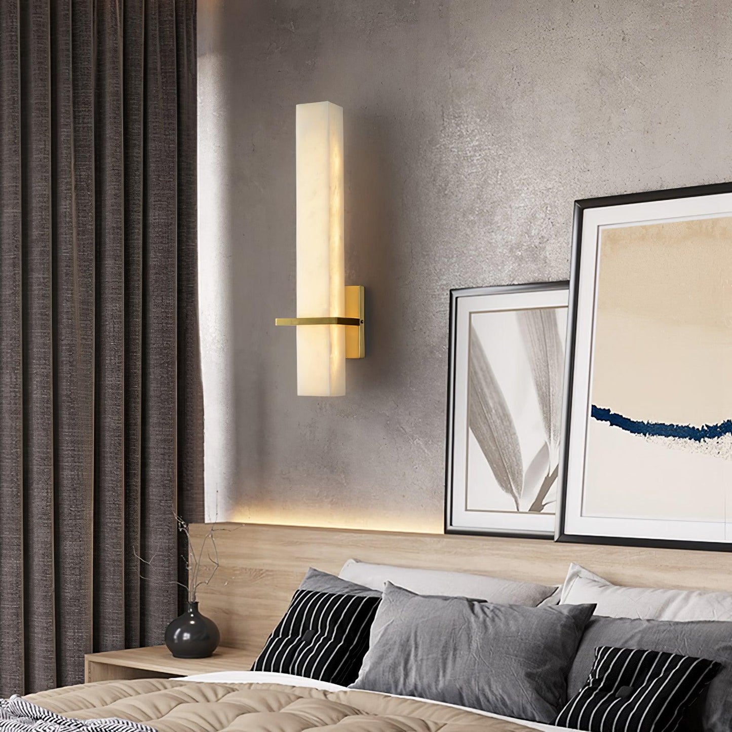 Rectilinear Alabaster LED Wall Sconce / ∅ 4.7″ x H 18.9″ / Dia 12cm x H 48cm Set of 2 / Brass & White / Cool Light