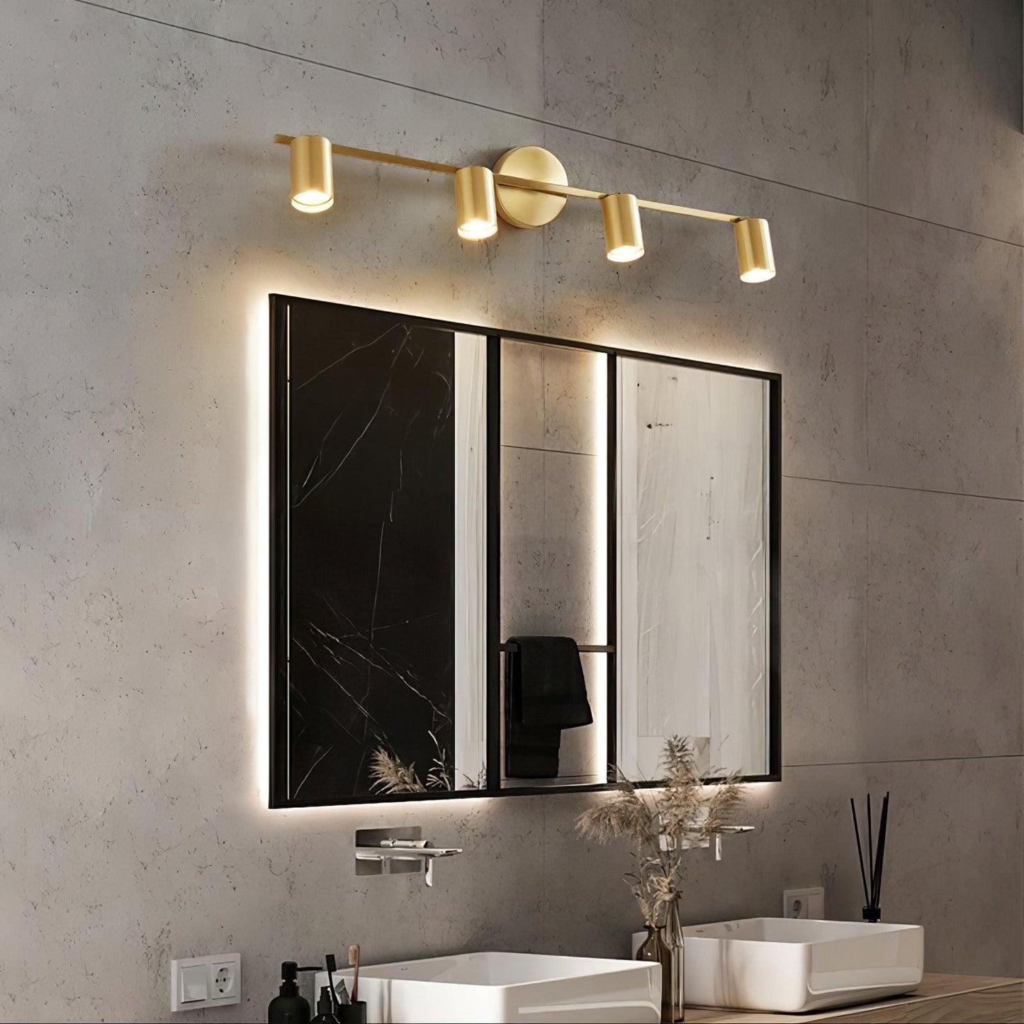 Adjustable Multi-Head Brass Wall Spotlight / 2 lamps L 19.7″ x W 4.7″ x H 6.9″ / L 50 cm x W 12cm  x H 17.5cm / Black brushed gold