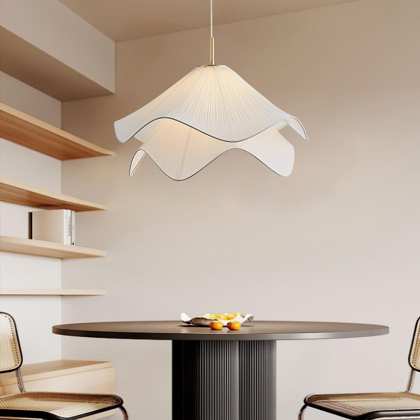 Ethereal Bloom Pleated Fabric Plug-In Pendant / ∅ 15.7″ x H 10.2″ / Dia 40cm x H 26cm / Gold & White / US Plug
