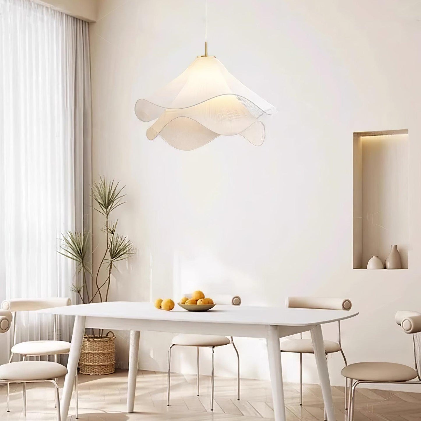 Ethereal Bloom Pleated Fabric Plug-In Pendant / ∅ 19.7″ x H 11″ / Dia 50cm x H 28cm / Gold & White / US Plug