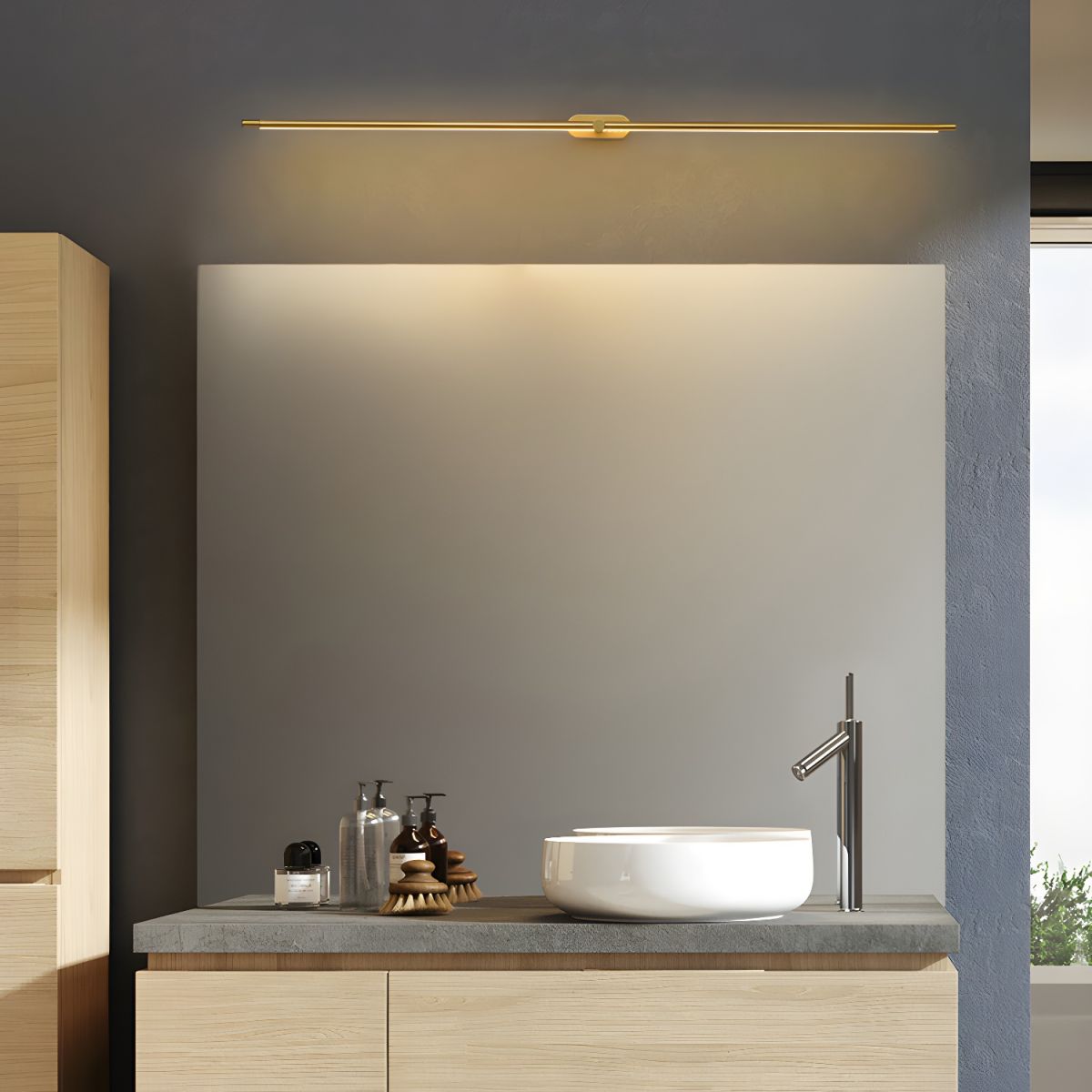 Minimalist Linear LED Vanity Wall Light / ∅ 50″ x H 2″ / Gold & Warm Light / Set Of 2