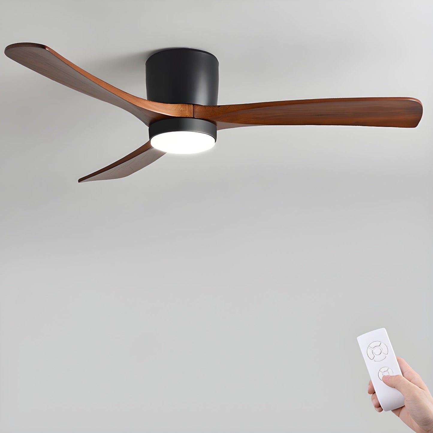 Nordic Wood LED Ceiling Fan Light / ∅ 48″ x H 11″ / Black & Walnut Wood / Warm Light