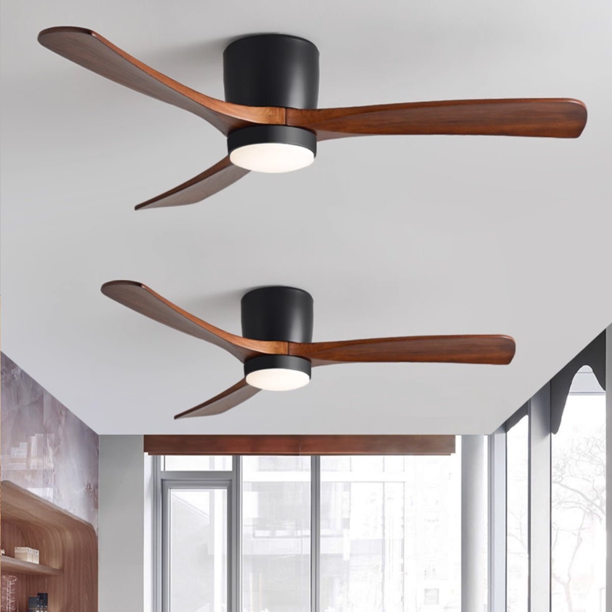 Nordic Wood LED Ceiling Fan Light / ∅ 36″ x H 11″ / Grey & Nature Wood / Three-Color Changing Light