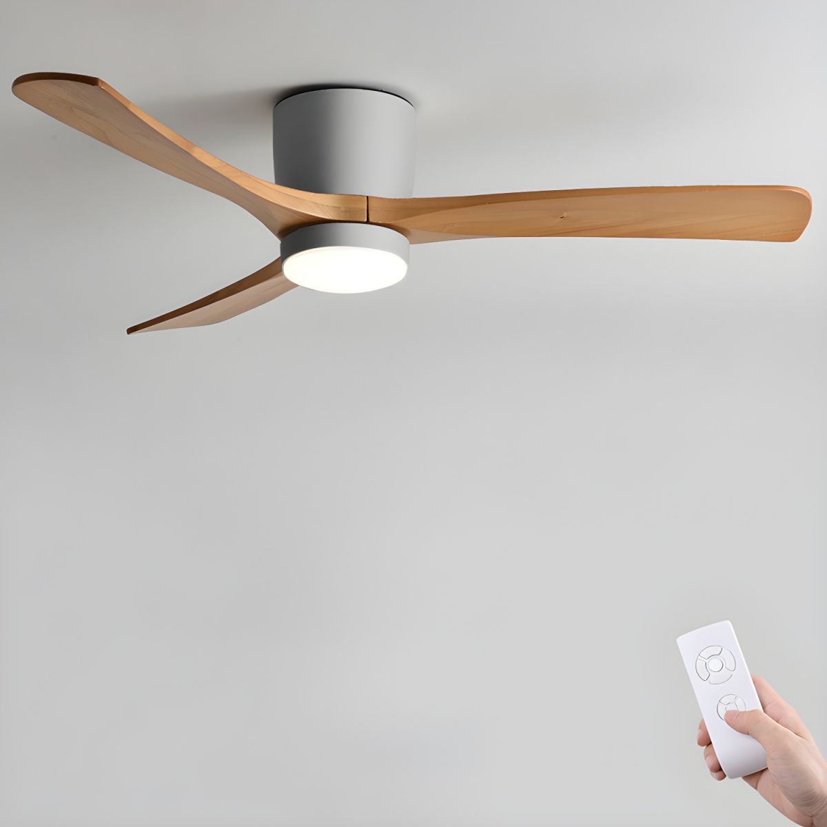 Nordic Wood LED Ceiling Fan Light / ∅ 48″ x H 11″ / Black & Walnut Wood / Three-Color Changing Light