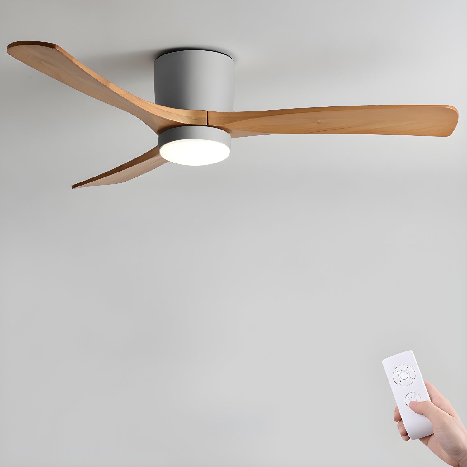 Nordic Wood LED Ceiling Fan Light / ∅ 36″ x H 11″ / Grey & Nature Wood / Warm Light