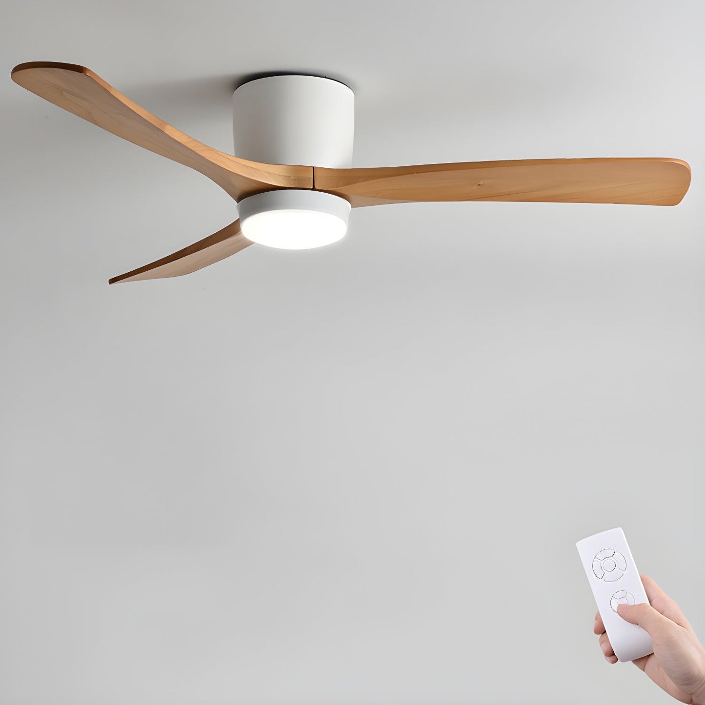 Nordic Wood LED Ceiling Fan Light / ∅ 48″ x H 11″ / Grey & Nature Wood / Three-Color Changing Light