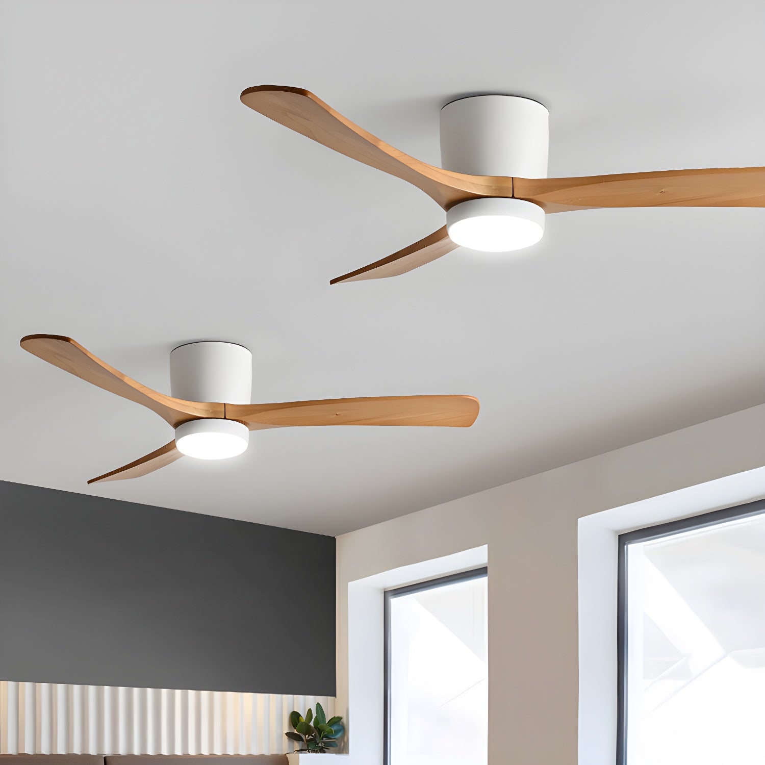 Nordic Wood LED Ceiling Fan Light / ∅ 36″ x H 11″ / White & Nature Wood / Warm Light