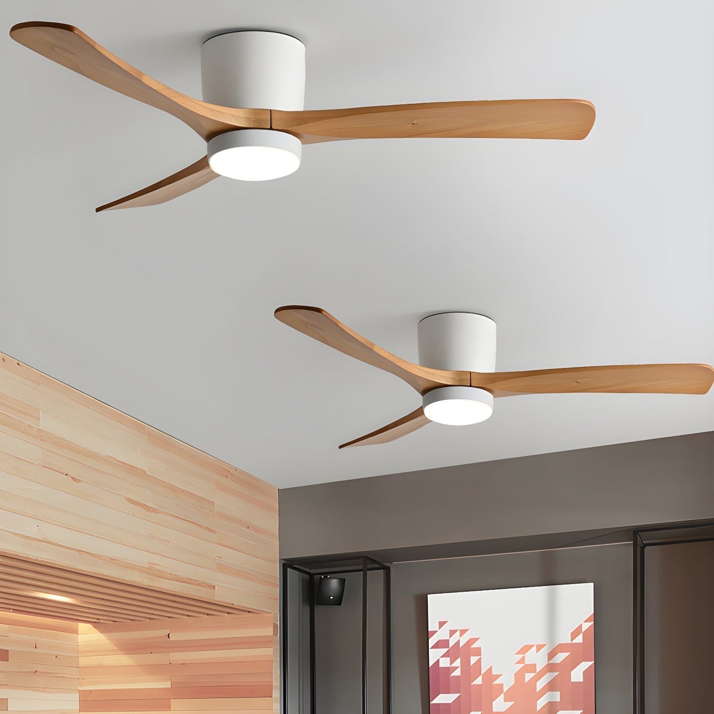 Nordic Wood LED Ceiling Fan Light / ∅ 36″ x H 11″ / White & Walnut Wood / Three-Color Changing Light