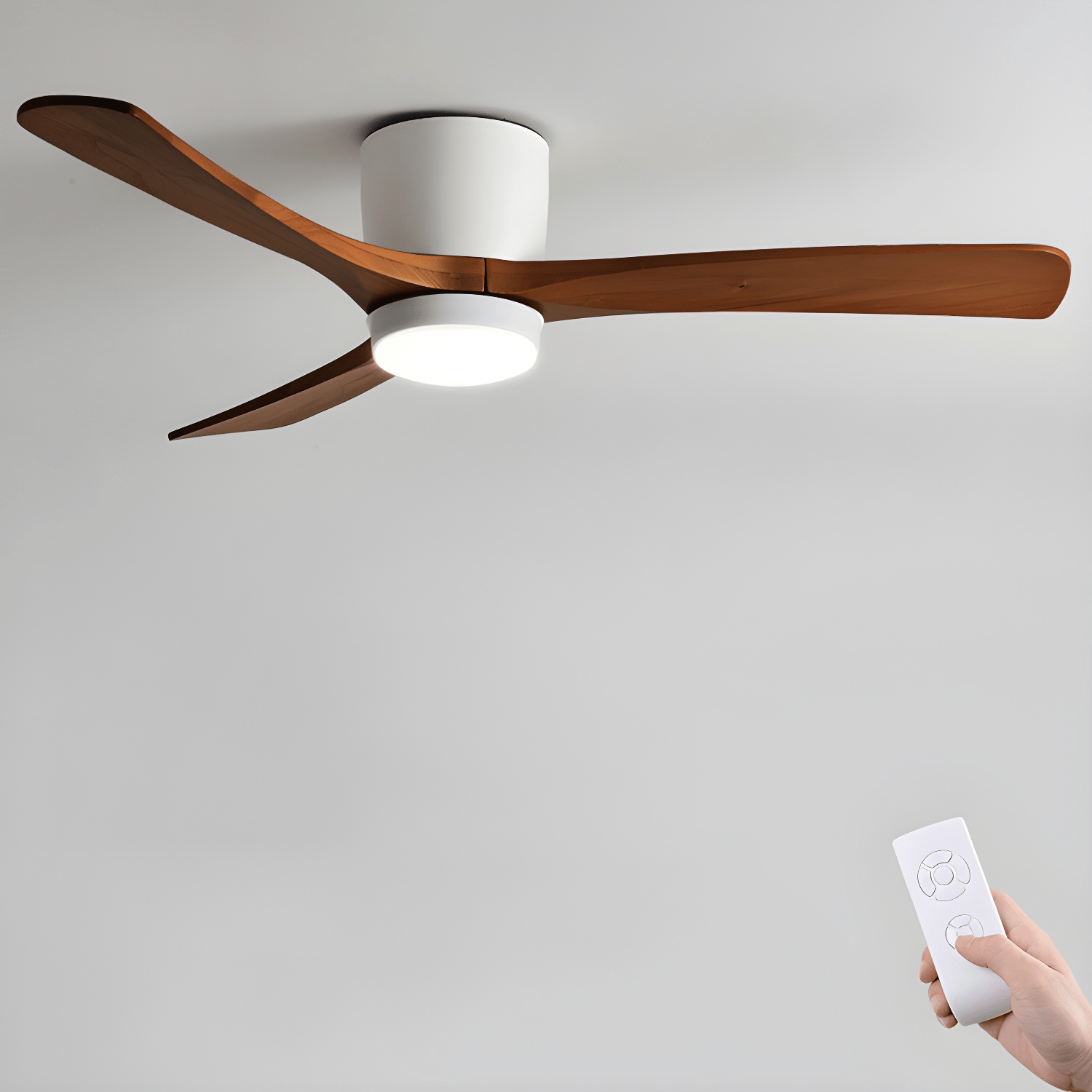 Nordic Wood LED Ceiling Fan Light / ∅ 52″ x H 11″ / Grey & Nature Wood / Three-Color Changing Light