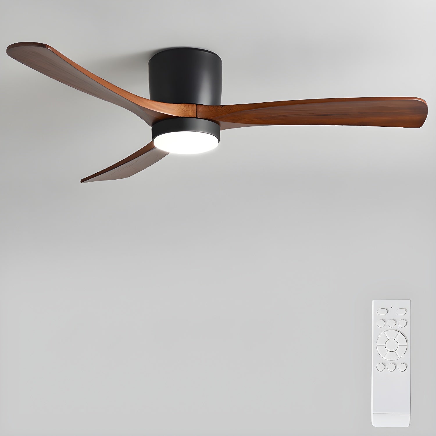 Nordic Wood LED Ceiling Fan Light / ∅ 42″ x H 11″ / White & Walnut Wood / Warm Light