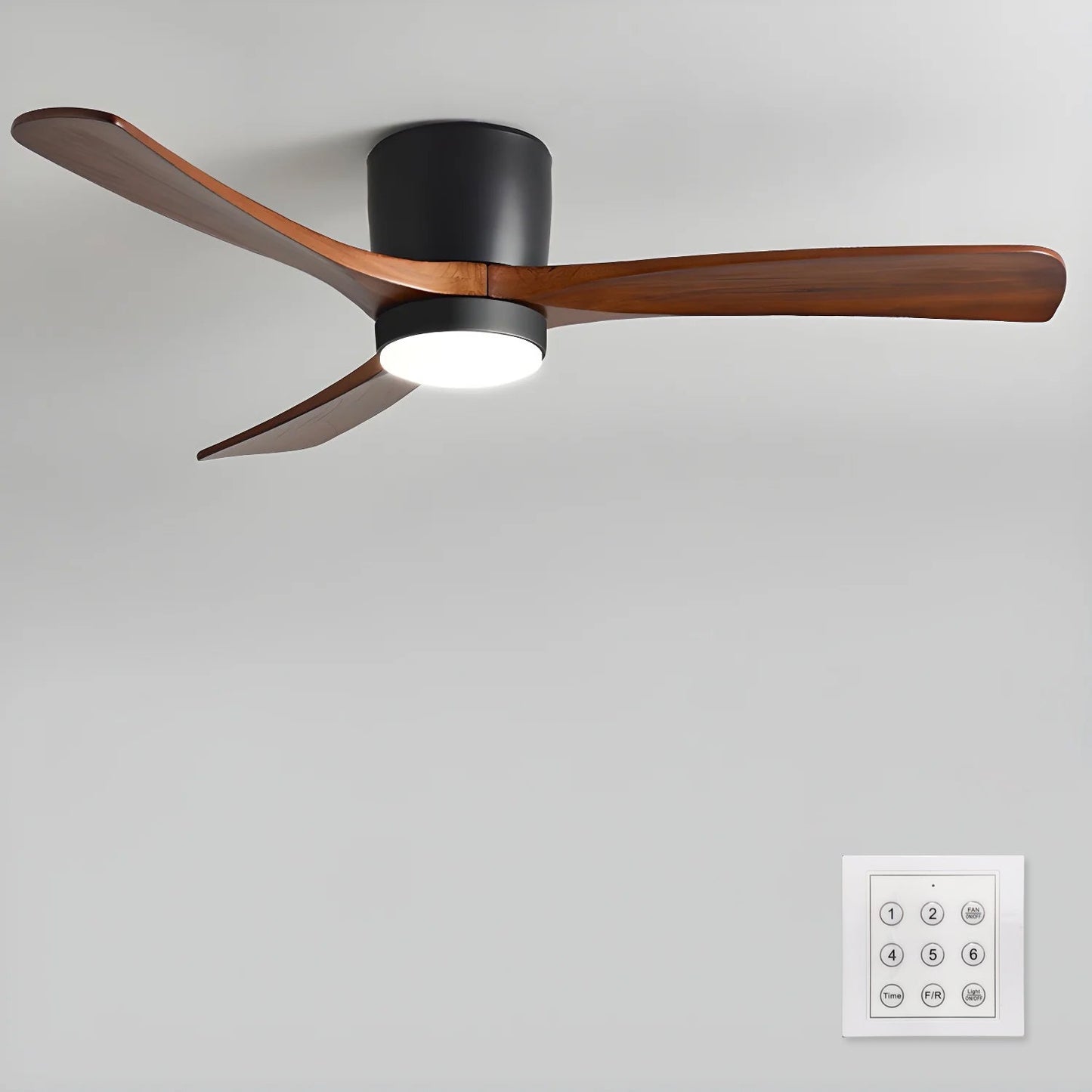 Nordic Wood LED Ceiling Fan Light / ∅ 48″ x H 11″ / White & Nature Wood / Three-Color Changing Light