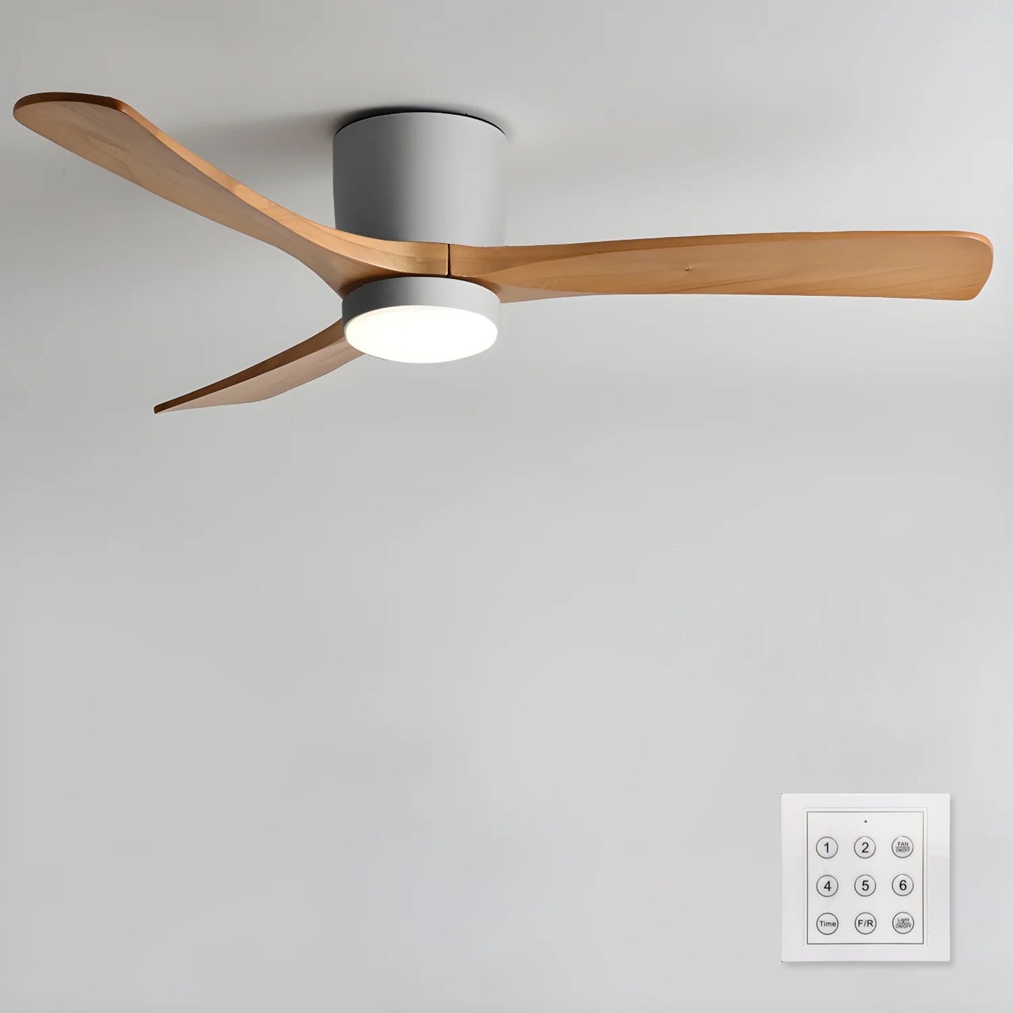 Nordic Wood LED Ceiling Fan Light / ∅ 48″ x H 11″ / White & Nature Wood / Warm Light
