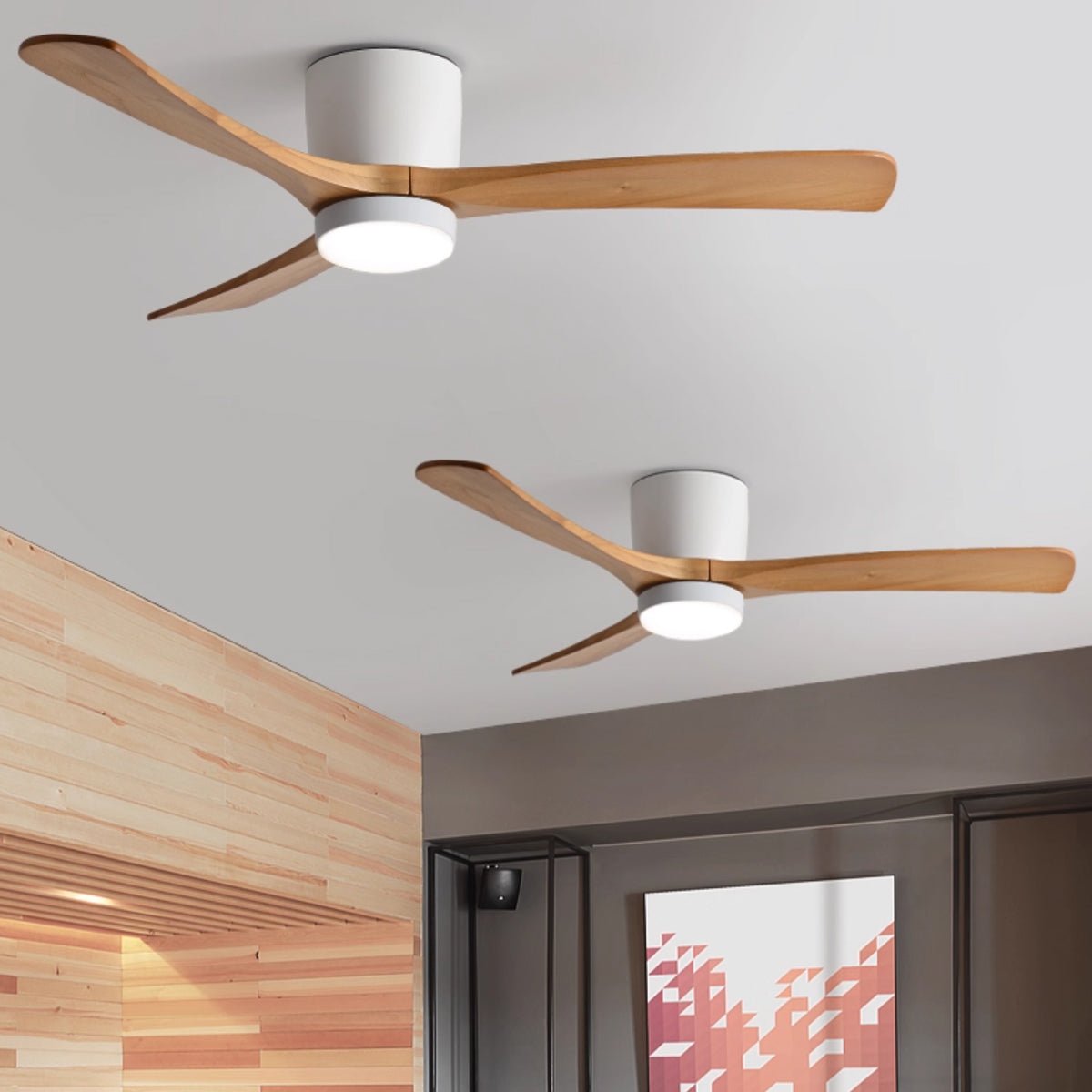 Nordic Wood LED Ceiling Fan Light / ∅ 48″ x H 11″ / White & Walnut Wood / Three-Color Changing Light