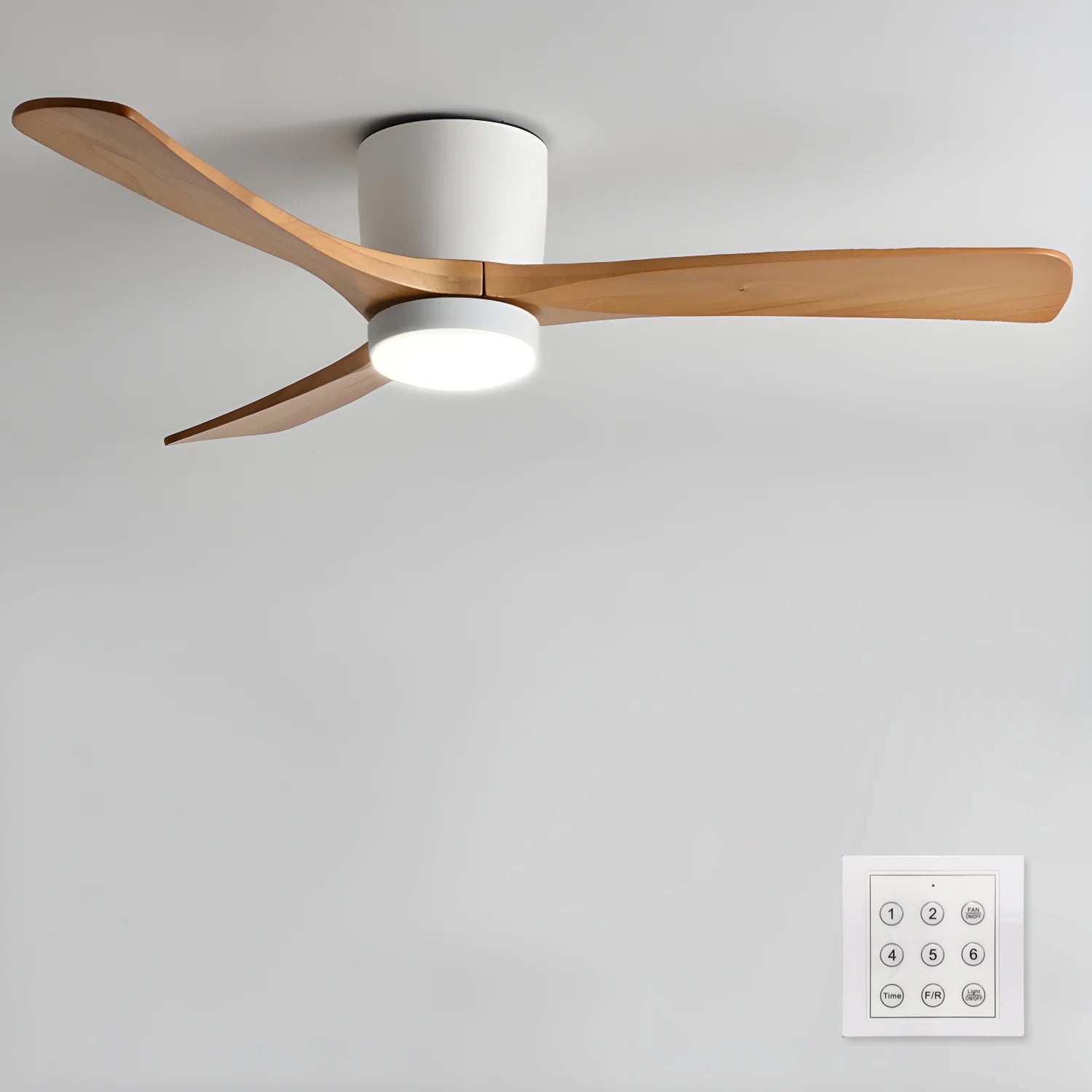 Nordic Wood LED Ceiling Fan Light / ∅ 48″ x H 11″ / White & Walnut Wood / Warm Light