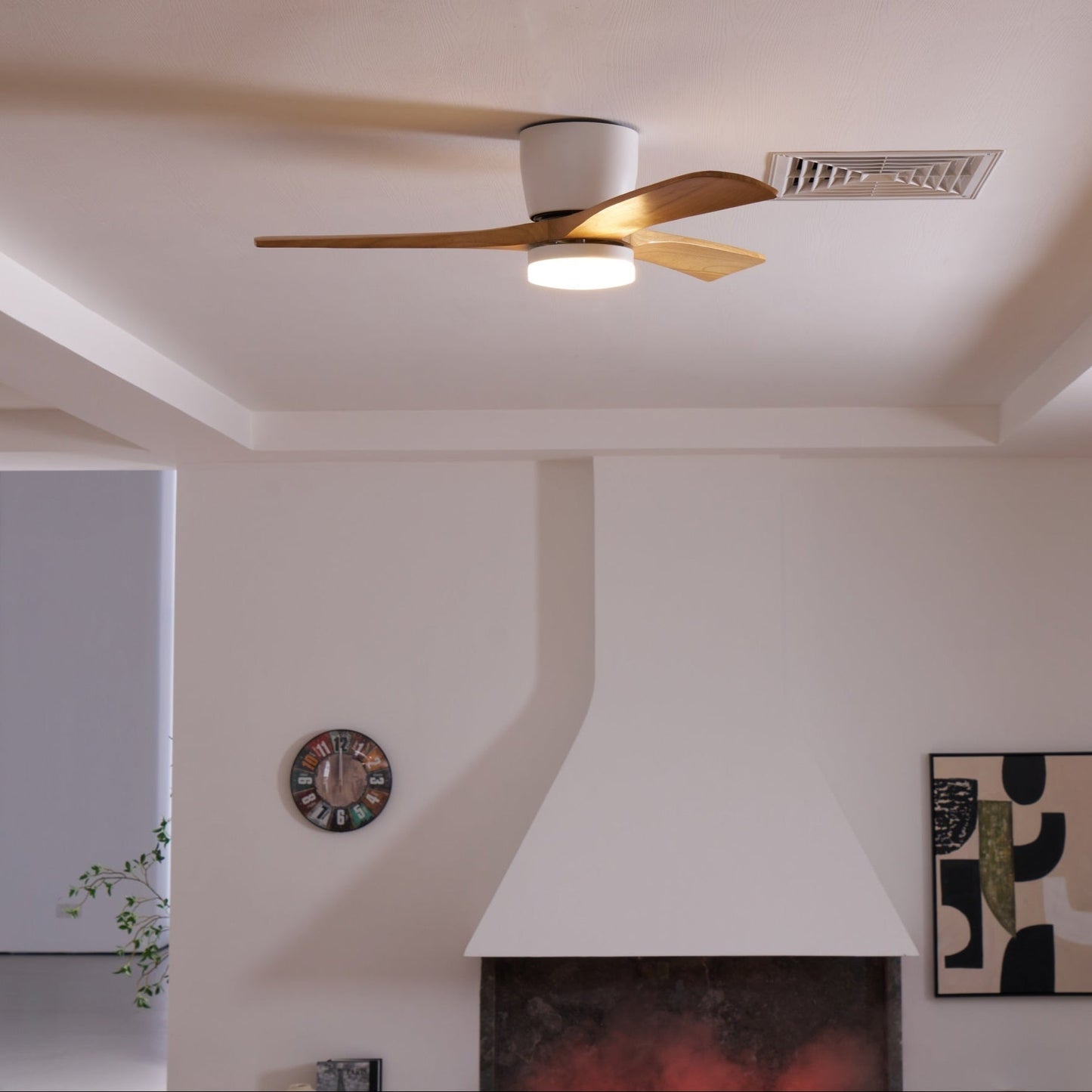 Nordic Wood LED Ceiling Fan Light / ∅ 52″ x H 11″ / Grey & Nature Wood / Warm Light