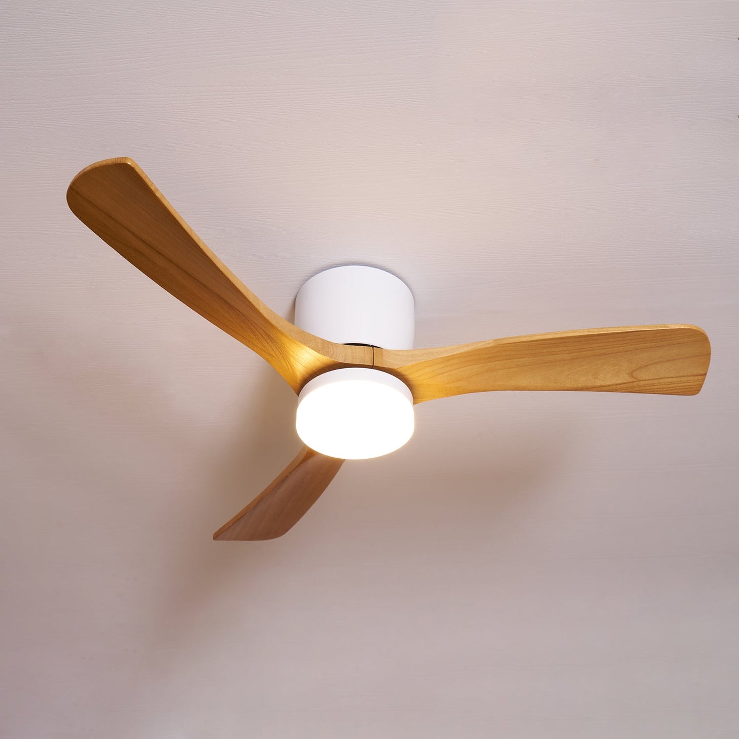 Nordic Wood LED Ceiling Fan Light / ∅ 52″ x H 11″ / White & Nature Wood / Three-Color Changing Light