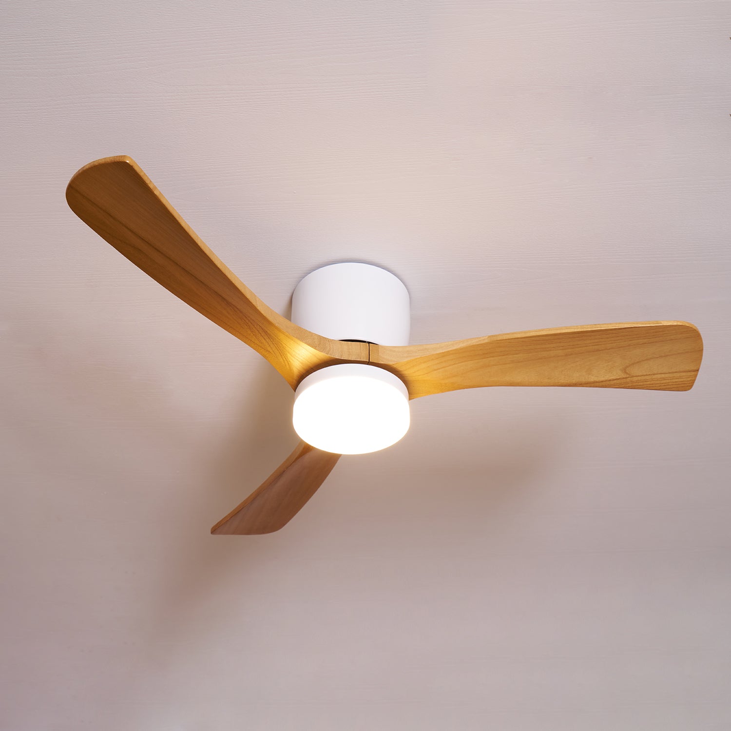 Nordic Wood LED Ceiling Fan Light / ∅ 52″ x H 11″ / White & Nature Wood / Three-Color Changing Light