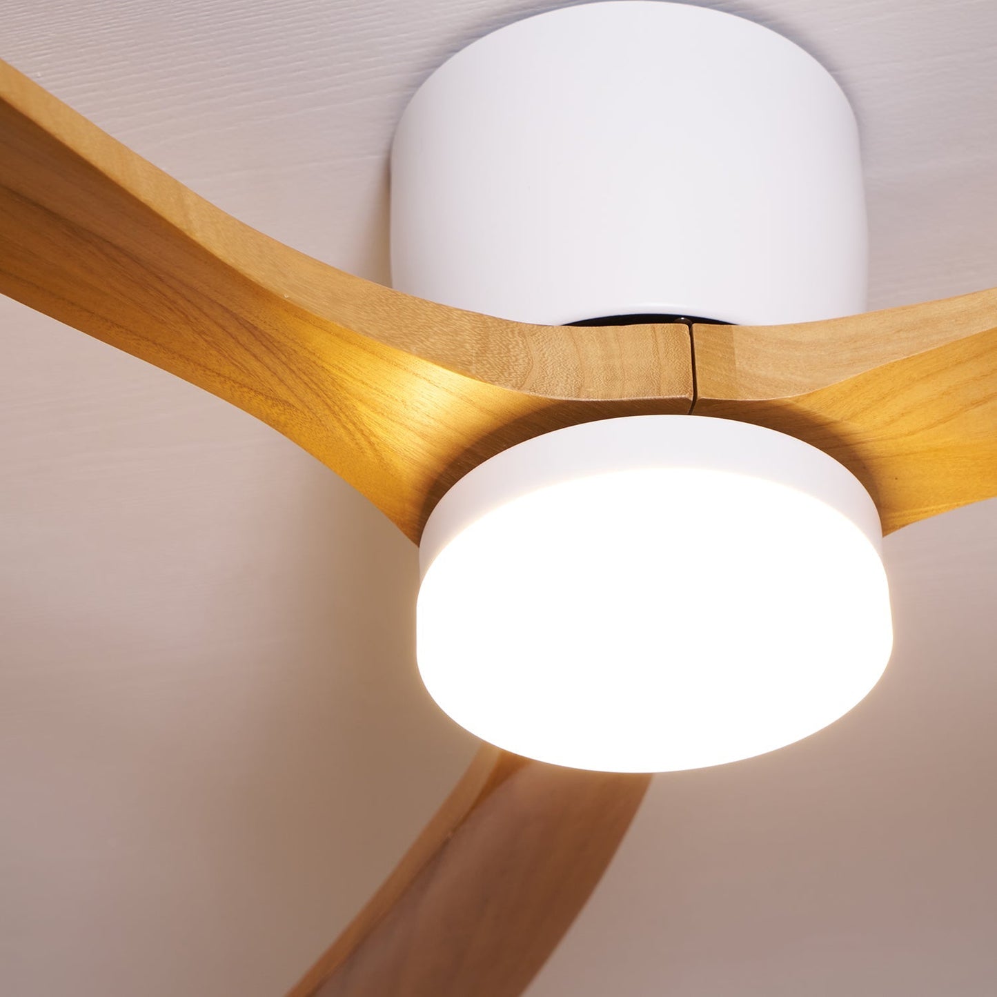 Nordic Wood LED Ceiling Fan Light / ∅ 52″ x H 11″ / White & Nature Wood / Warm Light