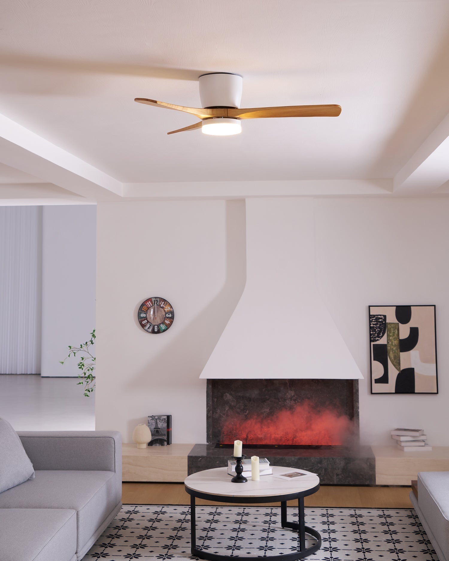 Nordic Wood LED Ceiling Fan Light / ∅ 52″ x H 11″ / White & Walnut Wood / Warm Light