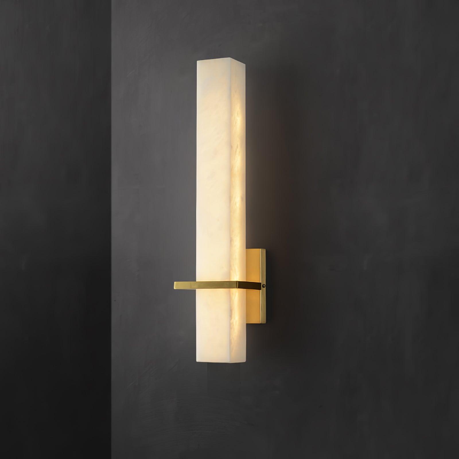 Rectilinear Alabaster LED Wall Sconce / ∅ 4.7″ x H 18.9″ / Dia 12cm x H 48cm Set of 2 / Brass & White / Warm Light