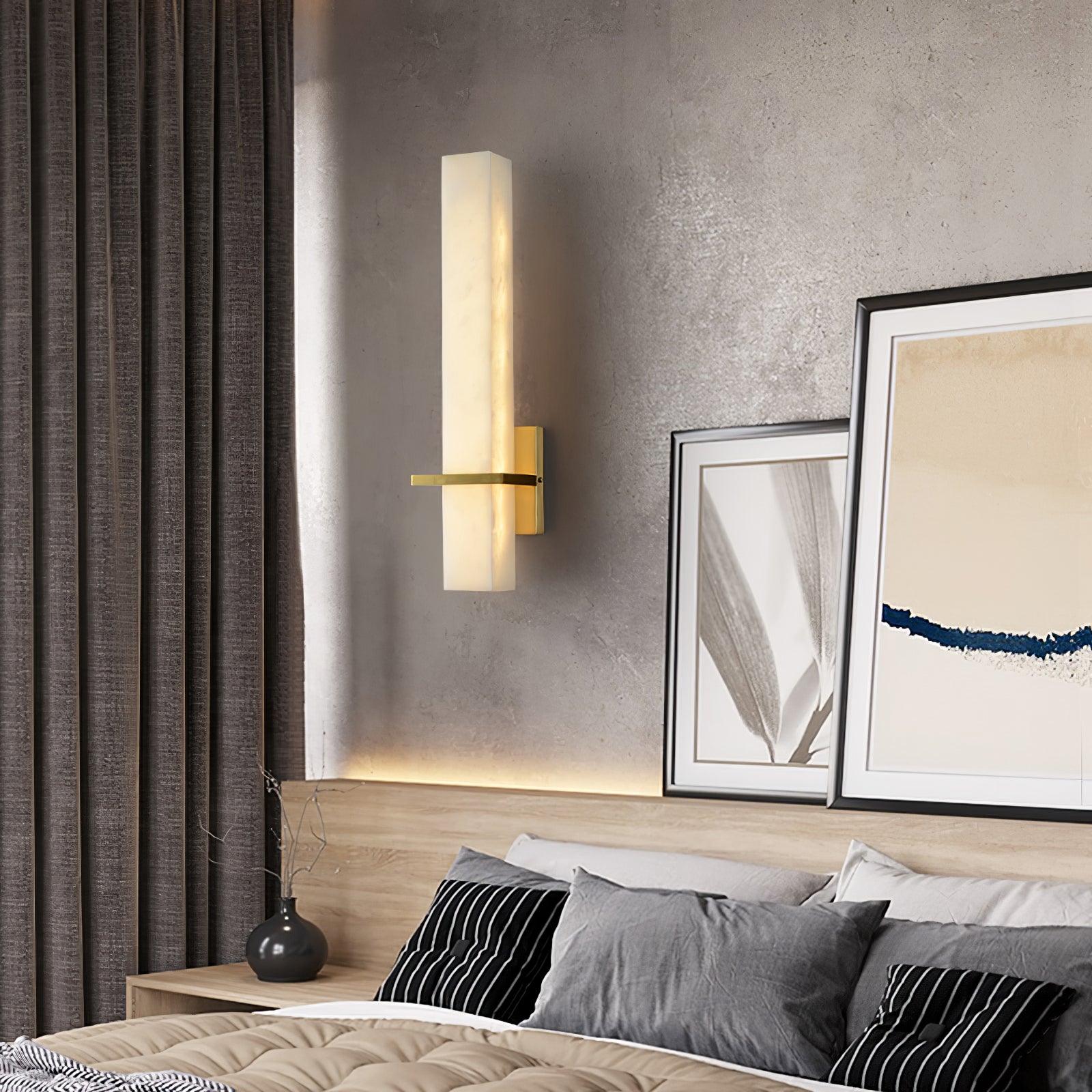 Rectilinear Alabaster LED Wall Sconce / ∅ 4.7″ x H 18.9″ / Dia 12cm x H 48cm Set of 2 / Brass & White / Cool Light