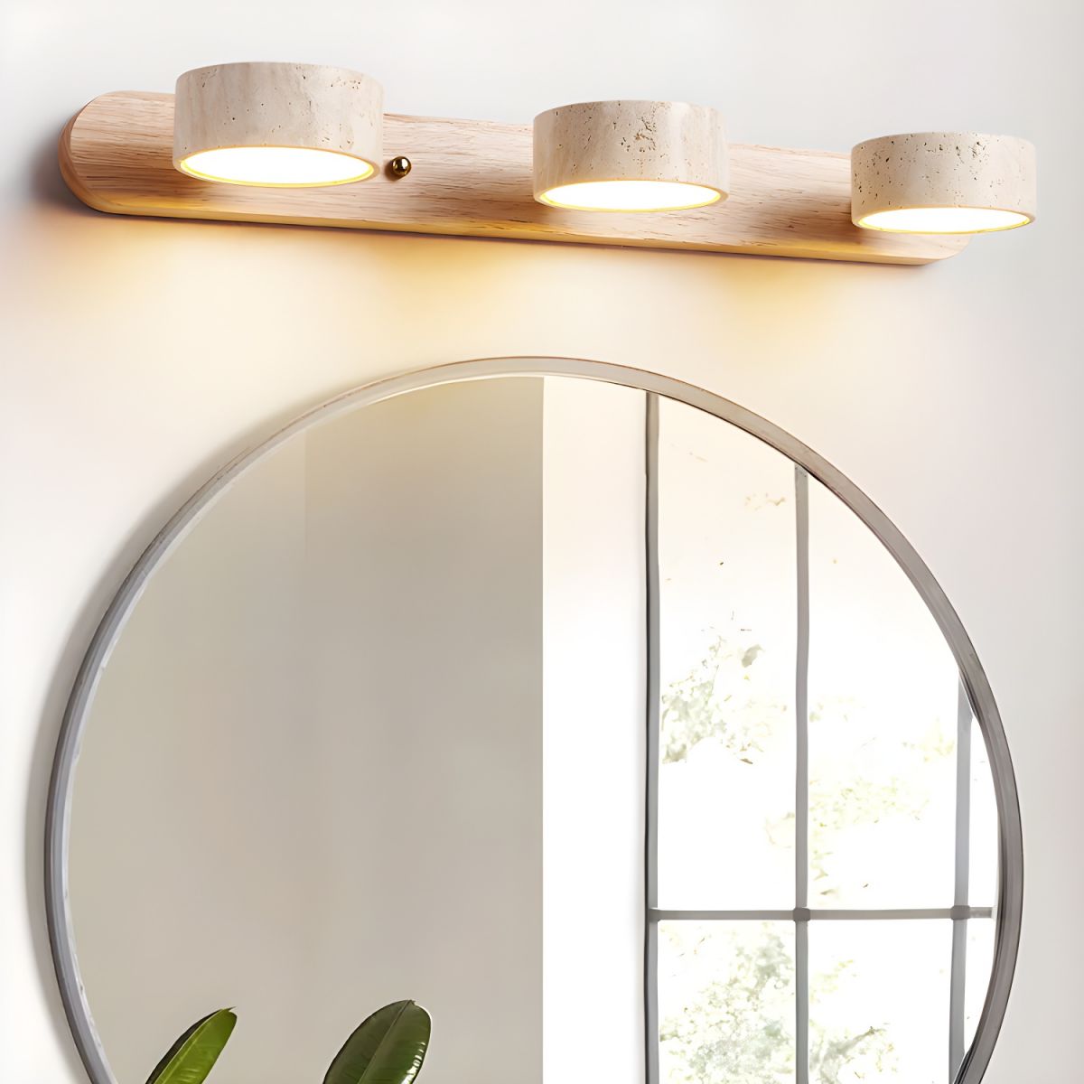 Travertine and Wood Multi-Light Wall Fixture / 3-Light: ∅ 20.1″ x H 2.4″ / Walnut Color / Warm Light