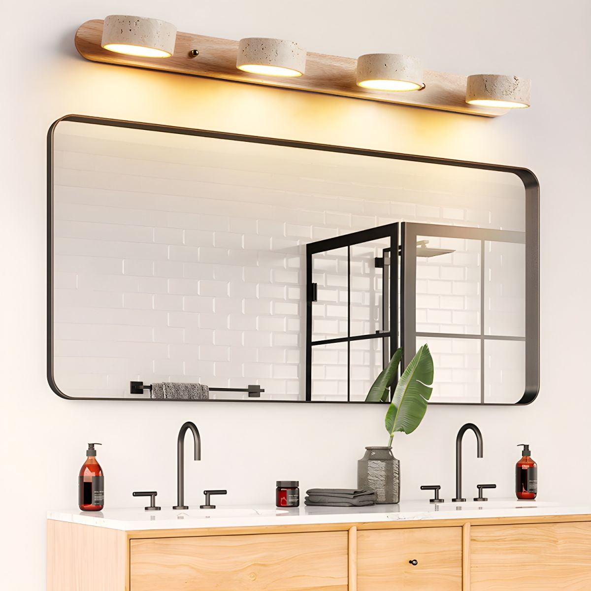 Travertine and Wood Multi-Light Wall Fixture / 3-Light: ∅ 20.1″ x H 2.4″ / Wood Color / Warm Light
