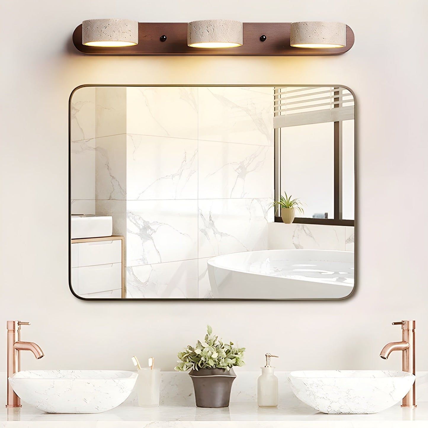 Travertine and Wood Multi-Light Wall Fixture