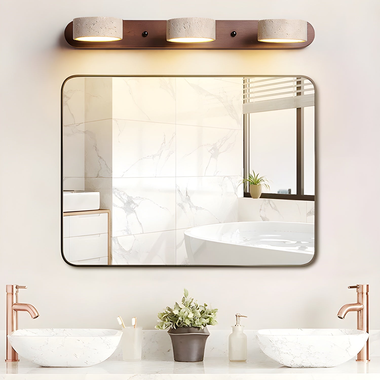 Travertine and Wood Multi-Light Wall Fixture