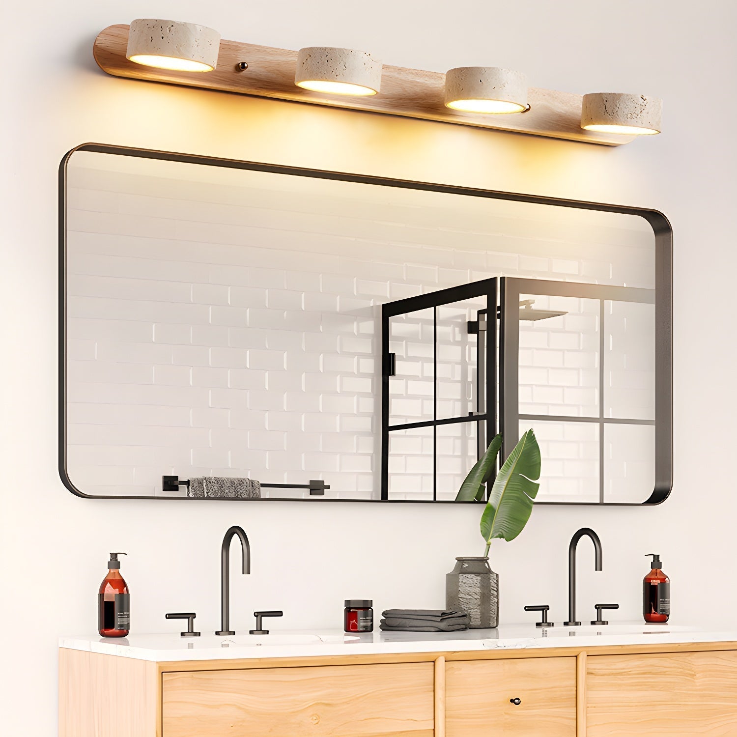 Travertine and Wood Multi-Light Wall Fixture