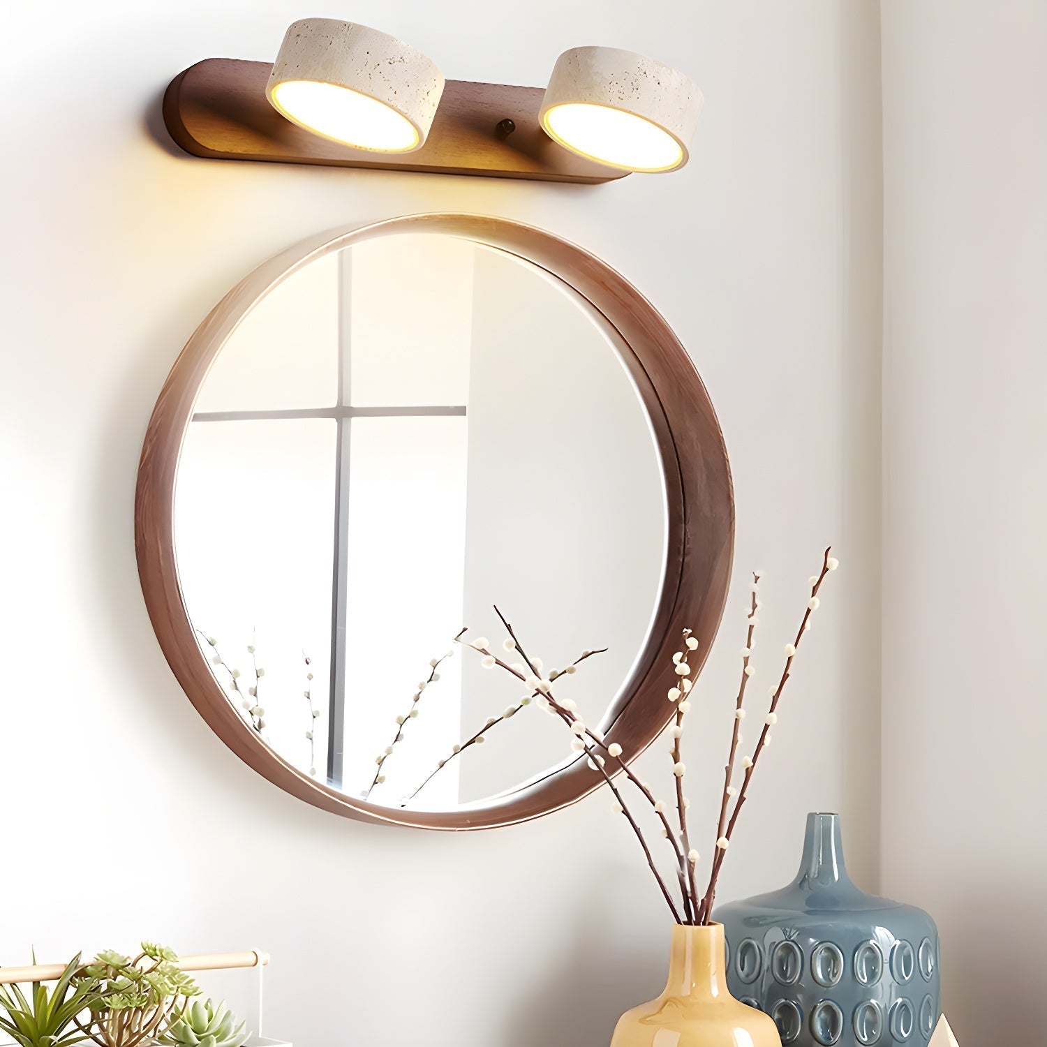 Travertine and Wood Multi-Light Wall Fixture